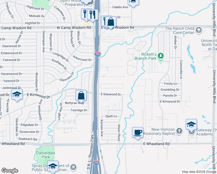 map of restaurants, bars, coffee shops, grocery stores, and more near 110 Cliff Height Circle in Dallas