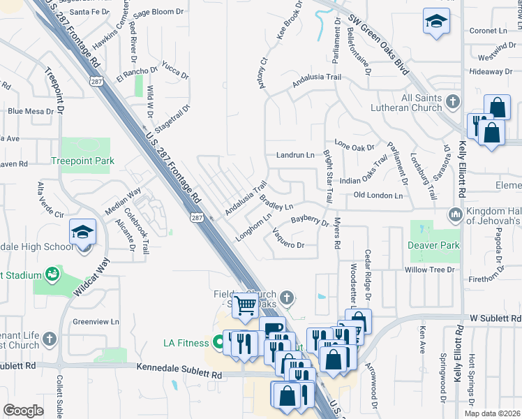 map of restaurants, bars, coffee shops, grocery stores, and more near 5703 Roundup Trail in Arlington