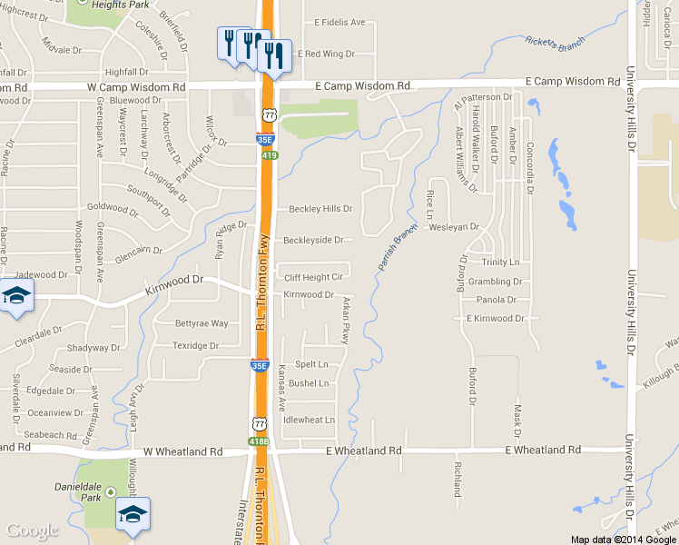 map of restaurants, bars, coffee shops, grocery stores, and more near 216 Cliff Height Circle in Dallas