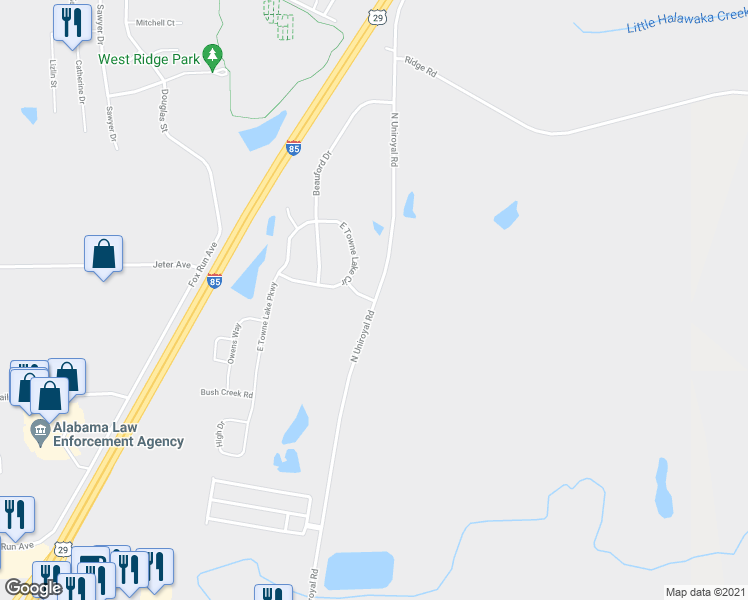 map of restaurants, bars, coffee shops, grocery stores, and more near 1904 Towne Lake Drive in Opelika