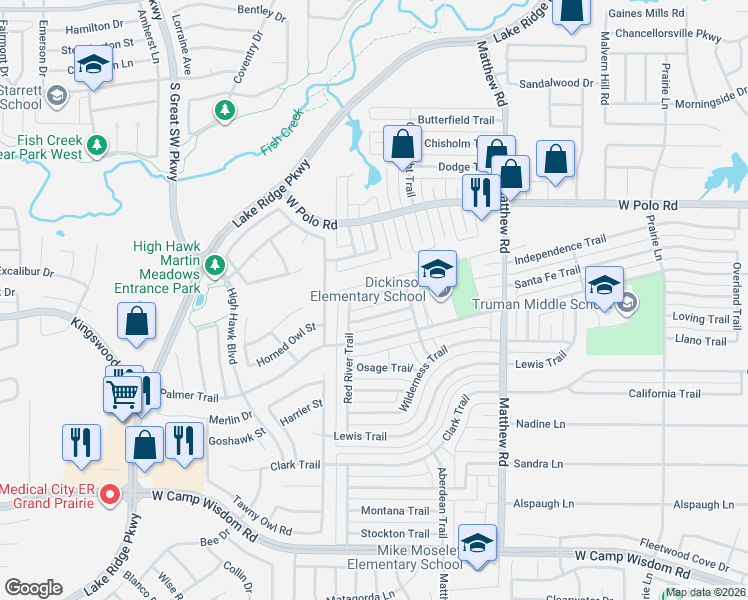 map of restaurants, bars, coffee shops, grocery stores, and more near 2105 Blue Ridge Trail in Grand Prairie