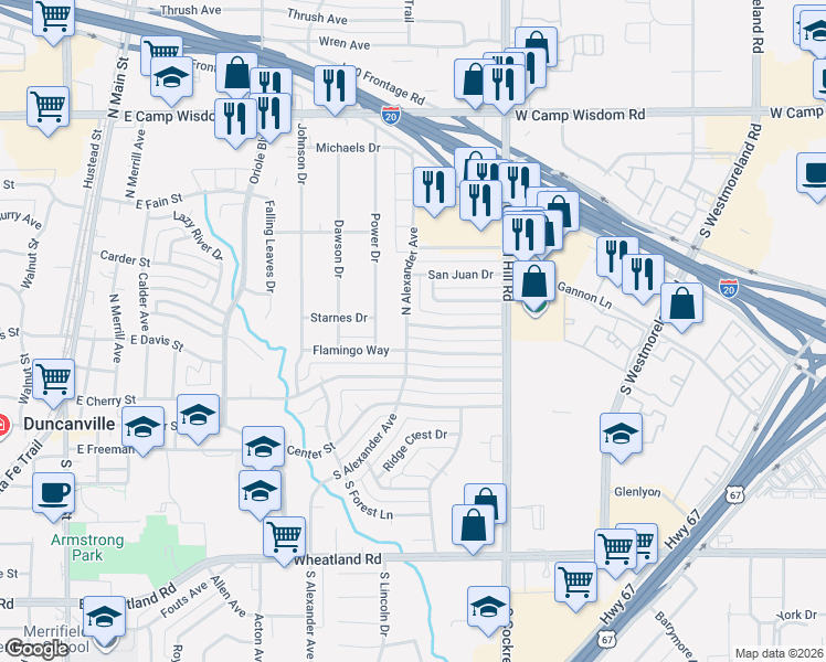 map of restaurants, bars, coffee shops, grocery stores, and more near 403 North Alexander Avenue in Duncanville