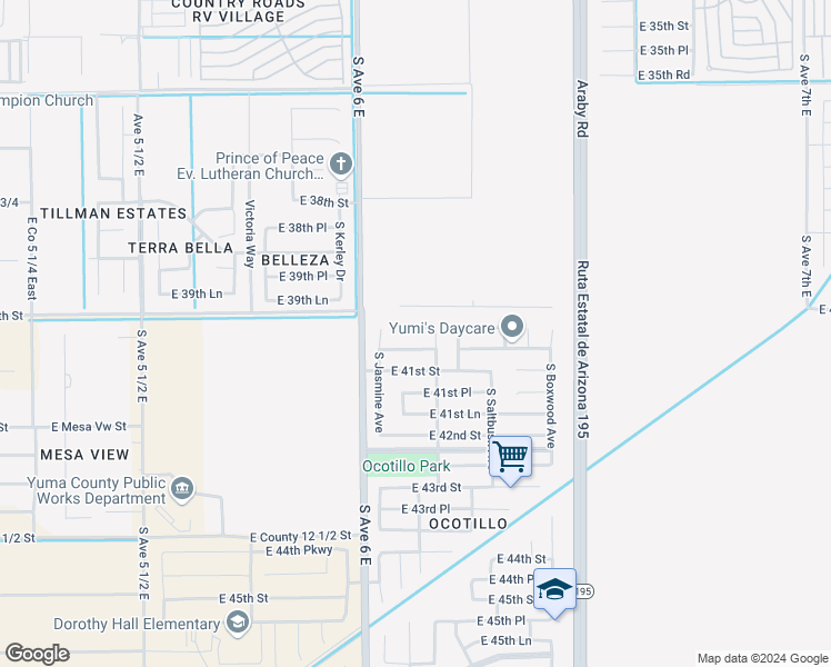 map of restaurants, bars, coffee shops, grocery stores, and more near 6141 East 40th Place in Yuma