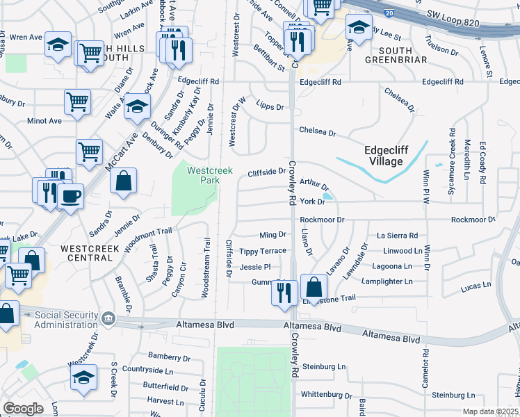 map of restaurants, bars, coffee shops, grocery stores, and more near 2017 York Drive in Fort Worth