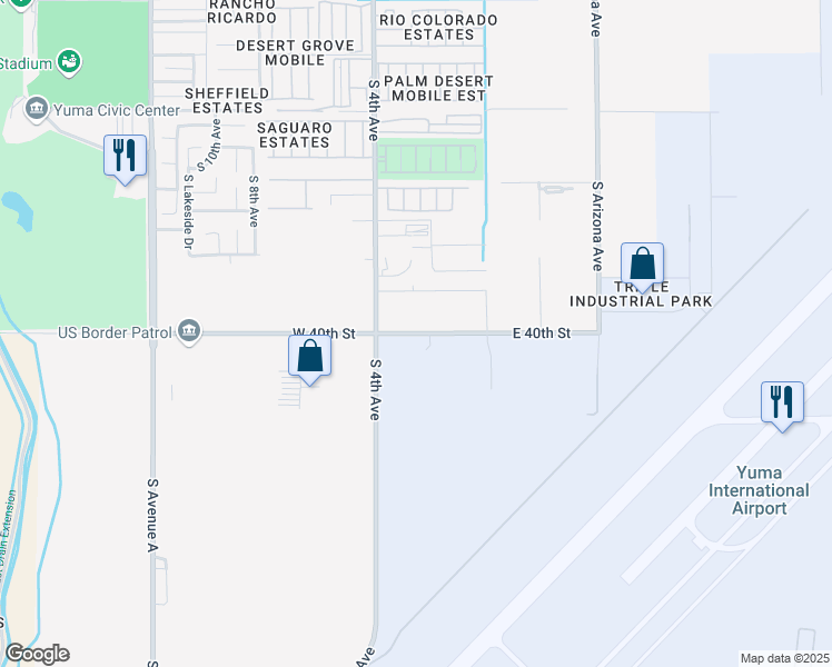 map of restaurants, bars, coffee shops, grocery stores, and more near 289 West 40th Street in Yuma