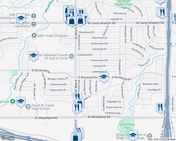map of restaurants, bars, coffee shops, grocery stores, and more near 915 Jadewood Drive in Dallas