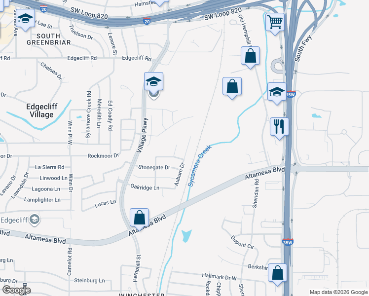 map of restaurants, bars, coffee shops, grocery stores, and more near 16 Auburn Drive in Fort Worth