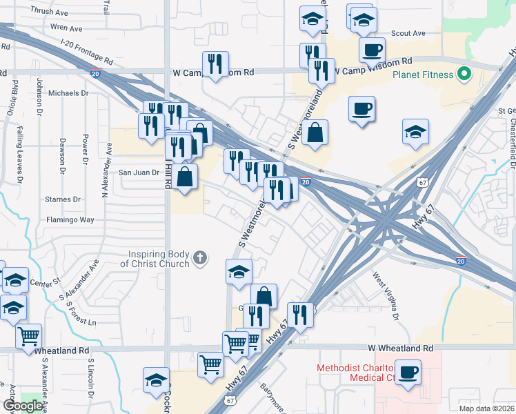 map of restaurants, bars, coffee shops, grocery stores, and more near S Westmoreland Rd & Gannon Ln in Dallas