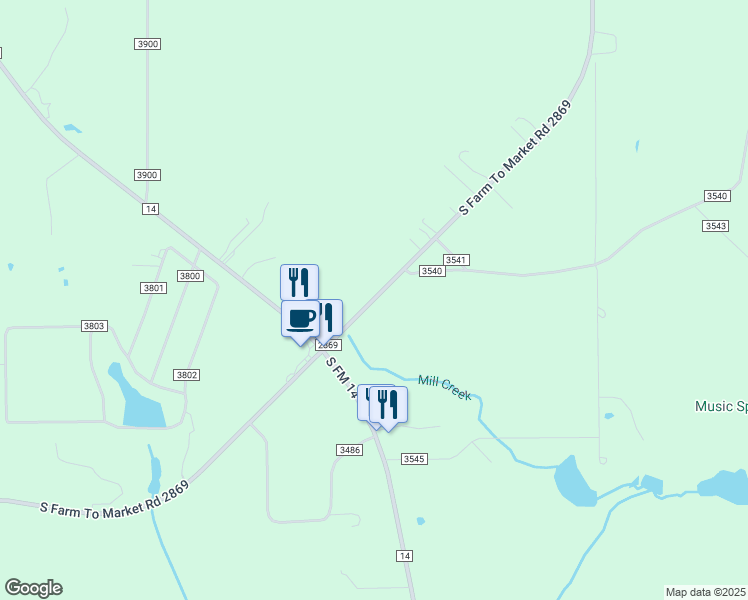 map of restaurants, bars, coffee shops, grocery stores, and more near Farm to Market Road 2869 in Hawkins