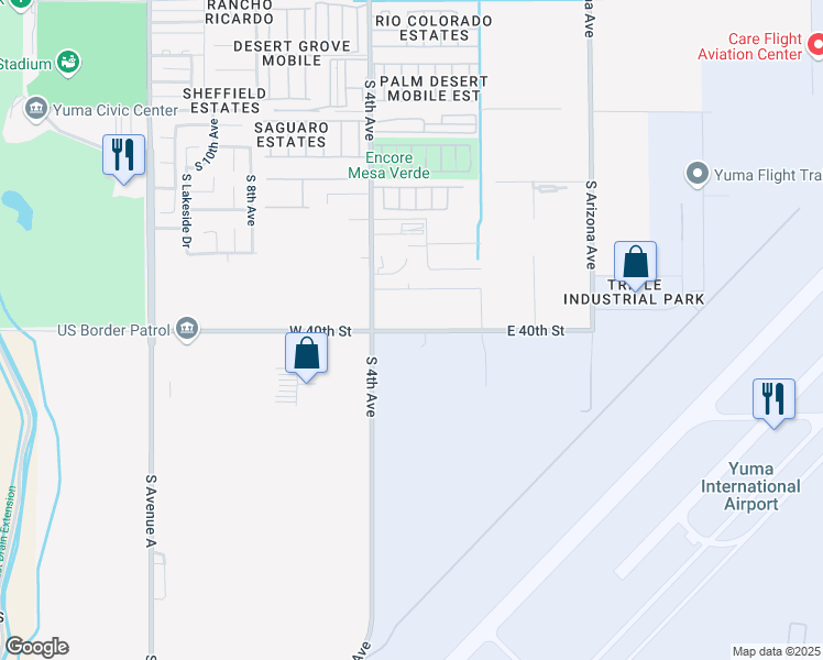 map of restaurants, bars, coffee shops, grocery stores, and more near 289 West 40th Street in Yuma