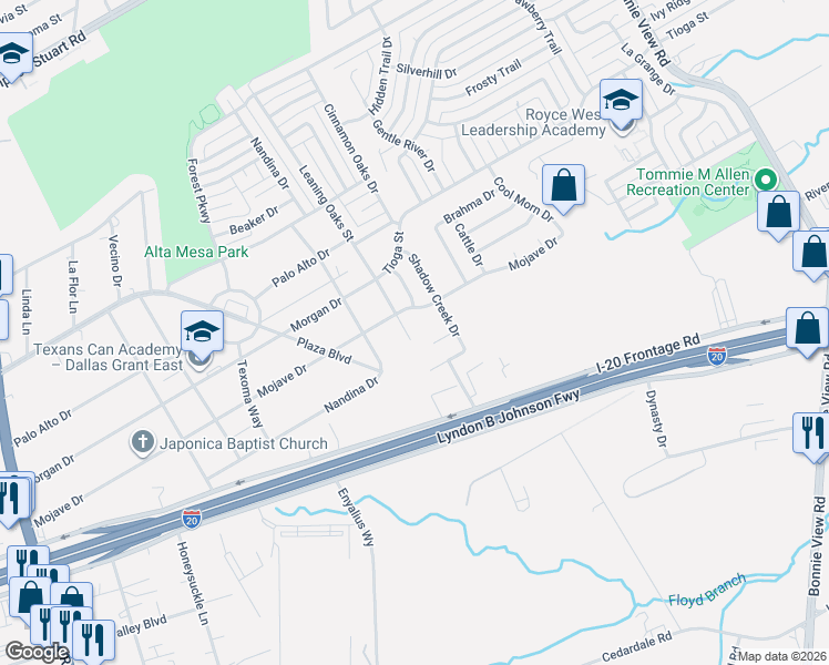 map of restaurants, bars, coffee shops, grocery stores, and more near 6648 Leaning Oaks Street in Dallas