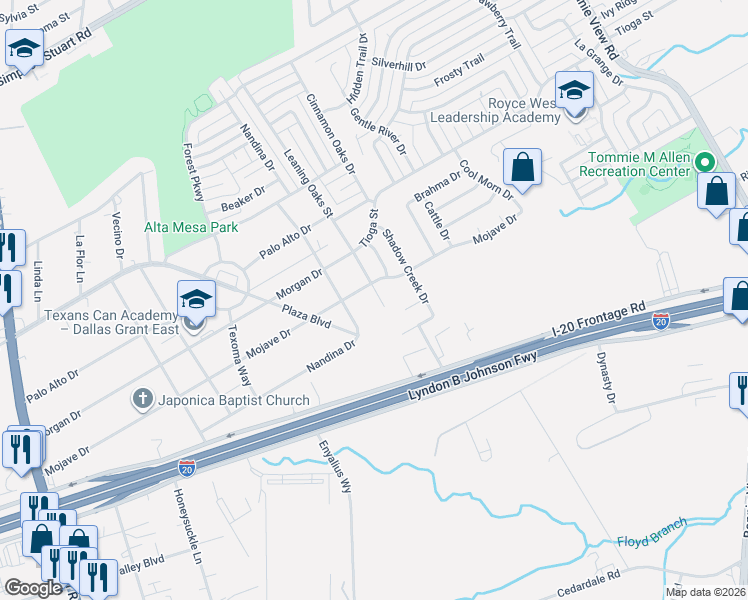 map of restaurants, bars, coffee shops, grocery stores, and more near 6648 Leaning Oaks Street in Dallas