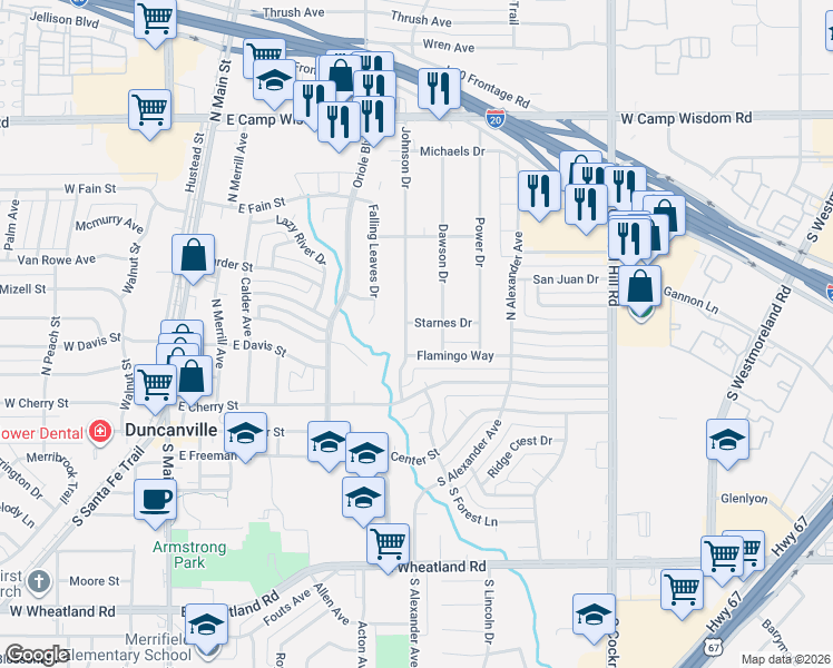 map of restaurants, bars, coffee shops, grocery stores, and more near 407 Dawson Drive in Duncanville