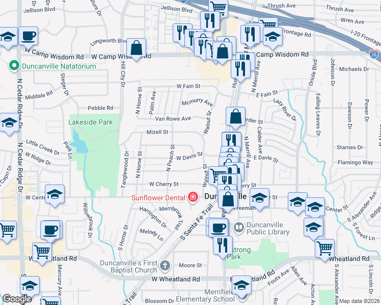 map of restaurants, bars, coffee shops, grocery stores, and more near 223 West Davis Street in Duncanville