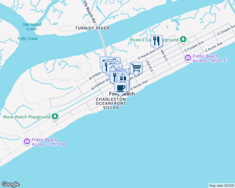 map of restaurants, bars, coffee shops, grocery stores, and more near 106 West Arctic Avenue in Folly Beach