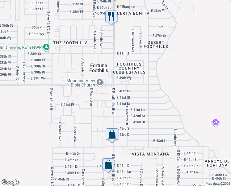 map of restaurants, bars, coffee shops, grocery stores, and more near 13101 East 40th Drive in Yuma