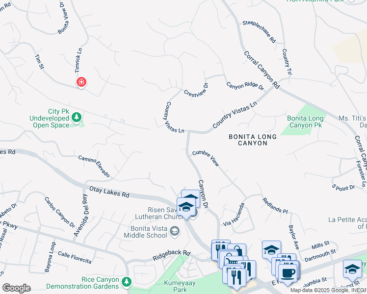 map of restaurants, bars, coffee shops, grocery stores, and more near 500 Canyon Drive in Bonita