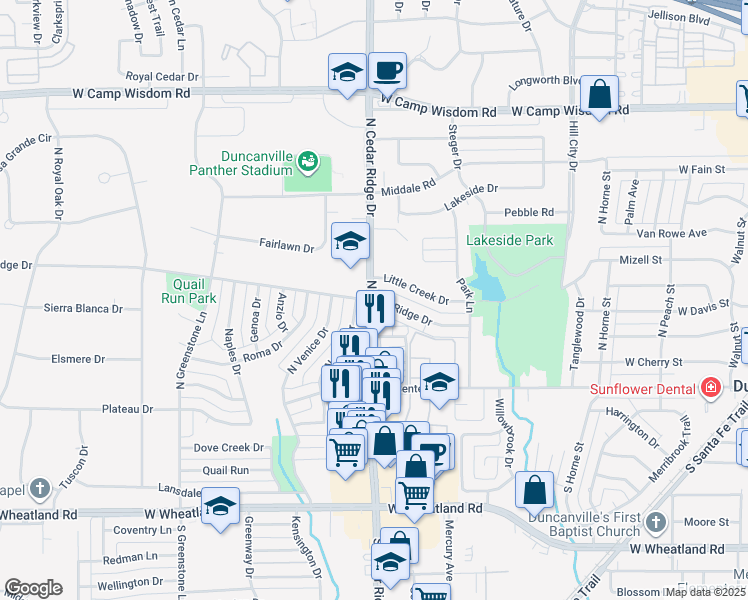 map of restaurants, bars, coffee shops, grocery stores, and more near 404 North Cedar Ridge Drive in Duncanville