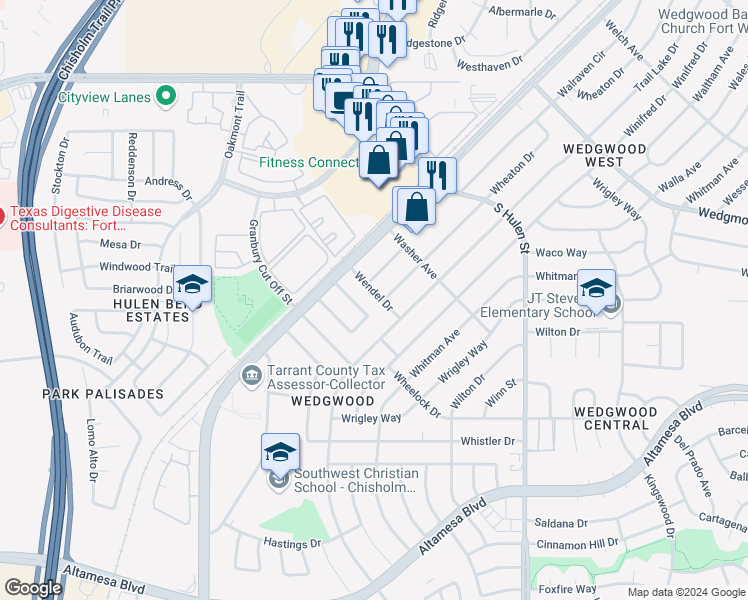 map of restaurants, bars, coffee shops, grocery stores, and more near 5301 Wendel Drive in Fort Worth