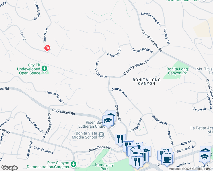 map of restaurants, bars, coffee shops, grocery stores, and more near 500 Canyon Drive in Bonita