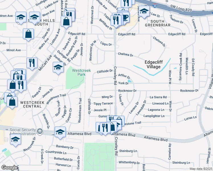 map of restaurants, bars, coffee shops, grocery stores, and more near 2017 York Drive in Fort Worth