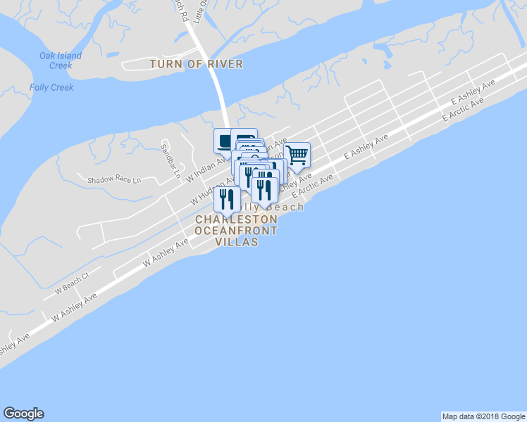 map of restaurants, bars, coffee shops, grocery stores, and more near 110 West Arctic Avenue in Folly Beach