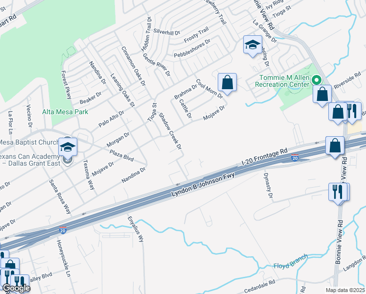 map of restaurants, bars, coffee shops, grocery stores, and more near 6736 Shadow Creek Drive in Dallas