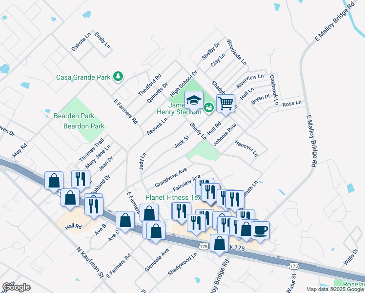 map of restaurants, bars, coffee shops, grocery stores, and more near 738 Jack St in Seagoville