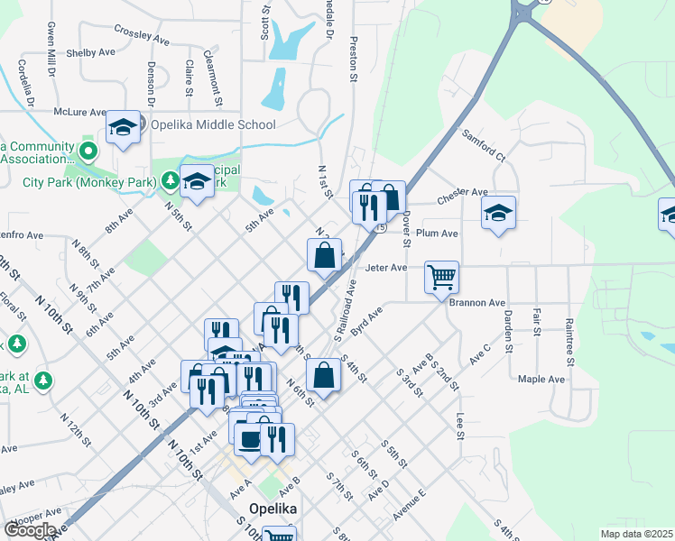 map of restaurants, bars, coffee shops, grocery stores, and more near 204 2nd Avenue in Opelika