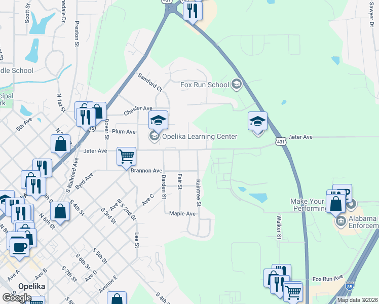 map of restaurants, bars, coffee shops, grocery stores, and more near 409 Jeter Avenue in Opelika