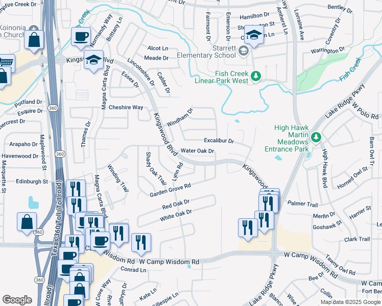 map of restaurants, bars, coffee shops, grocery stores, and more near 2758 Kingswood Boulevard in Grand Prairie