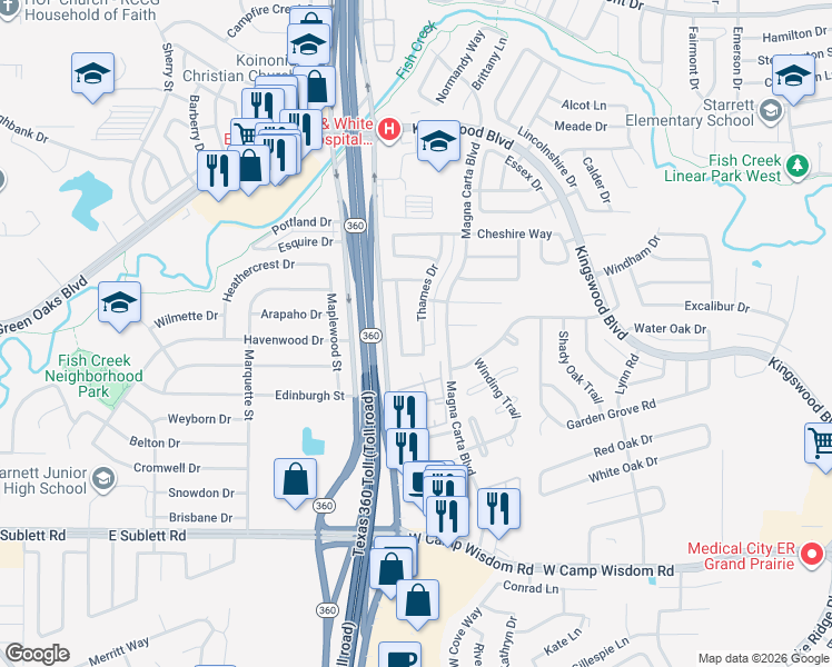 map of restaurants, bars, coffee shops, grocery stores, and more near 4836 Gloucester Drive in Grand Prairie