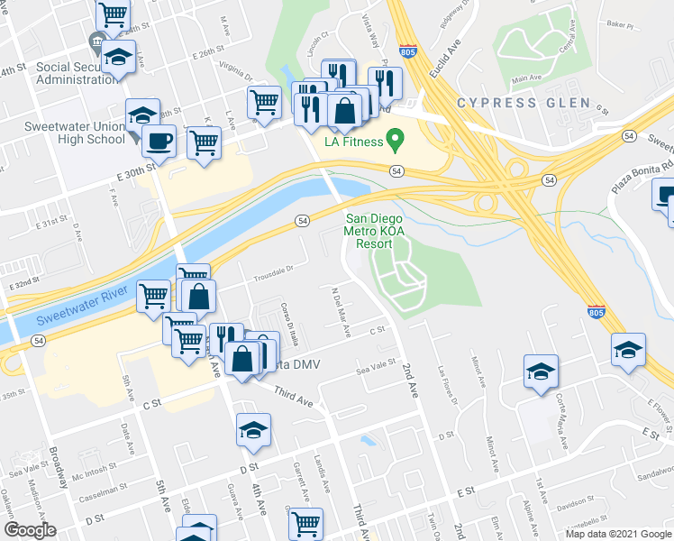 map of restaurants, bars, coffee shops, grocery stores, and more near 76 North 2nd Avenue in Chula Vista