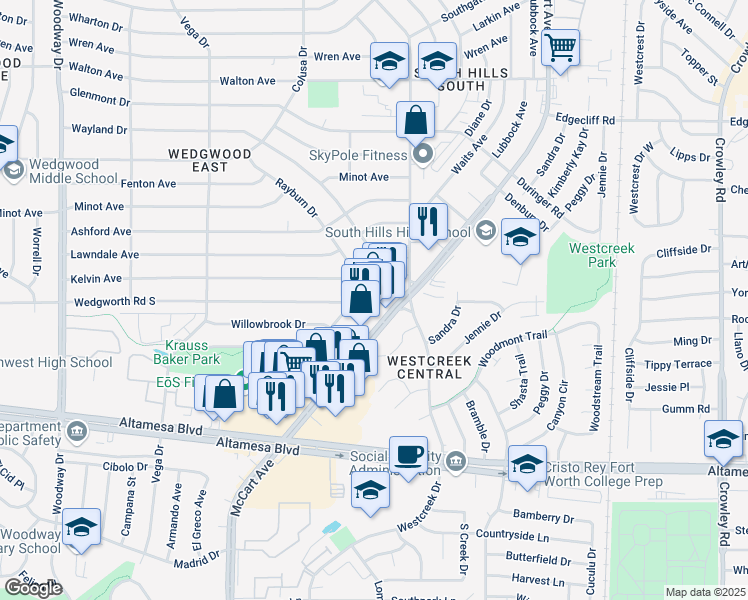 map of restaurants, bars, coffee shops, grocery stores, and more near 6236 McCart Avenue in Fort Worth