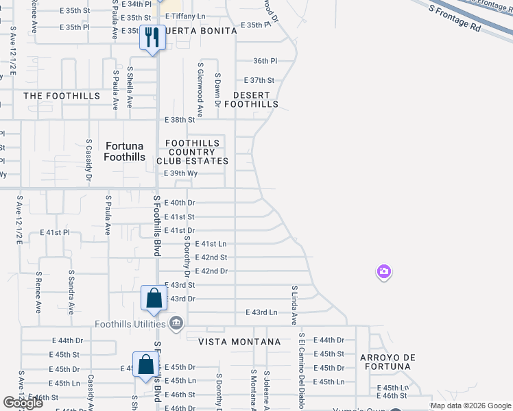 map of restaurants, bars, coffee shops, grocery stores, and more near 13381 East 40th Drive in Yuma