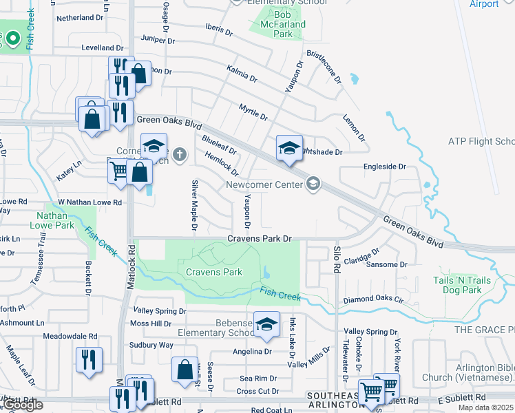 map of restaurants, bars, coffee shops, grocery stores, and more near 5508 Blue Spruce Drive in Arlington