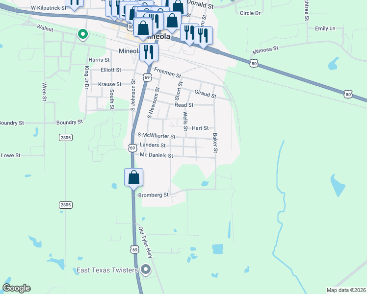 map of restaurants, bars, coffee shops, grocery stores, and more near 400 Landers Street in Mineola