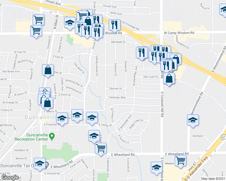 map of restaurants, bars, coffee shops, grocery stores, and more near 407 Dawson Dr in Duncanville