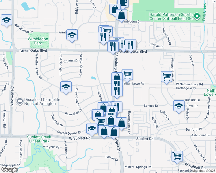 map of restaurants, bars, coffee shops, grocery stores, and more near 5600 South Cooper Street in Arlington