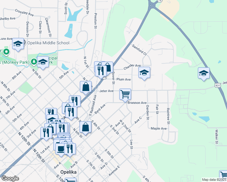 map of restaurants, bars, coffee shops, grocery stores, and more near 99 Jeter Ave in Opelika