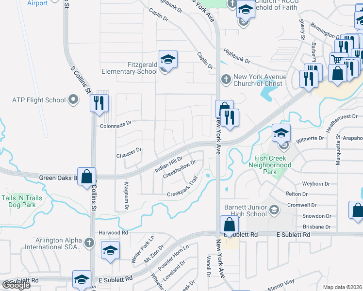 map of restaurants, bars, coffee shops, grocery stores, and more near 1618 Wickford Drive in Arlington