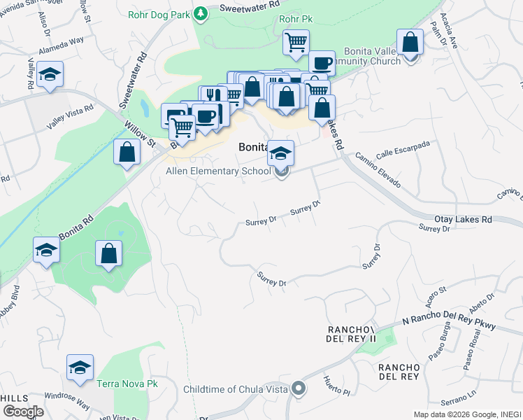 map of restaurants, bars, coffee shops, grocery stores, and more near 291 Surrey Place in Bonita