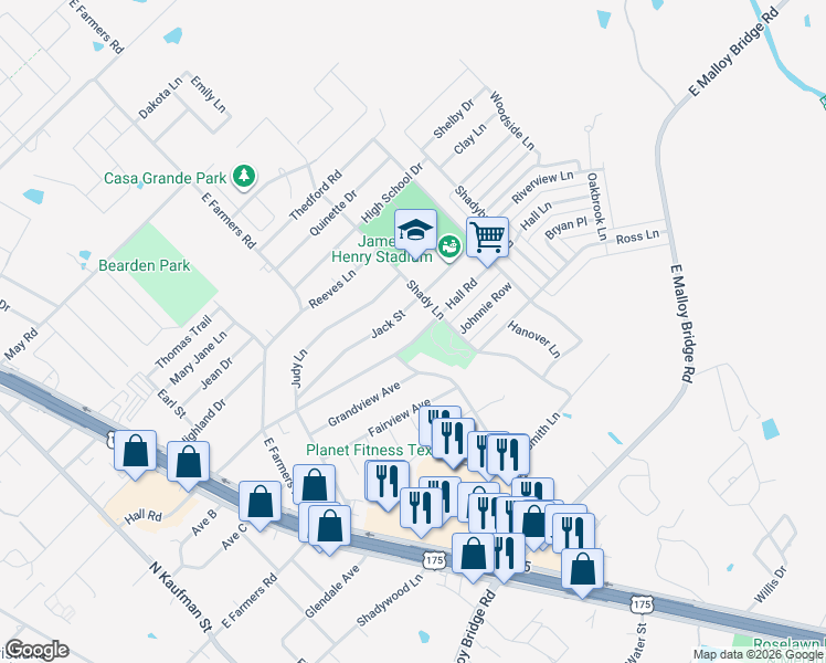 map of restaurants, bars, coffee shops, grocery stores, and more near 749 Hall Road in Seagoville