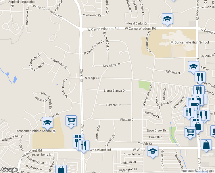 map of restaurants, bars, coffee shops, grocery stores, and more near 1321 Sierra Blanca Drive in Duncanville