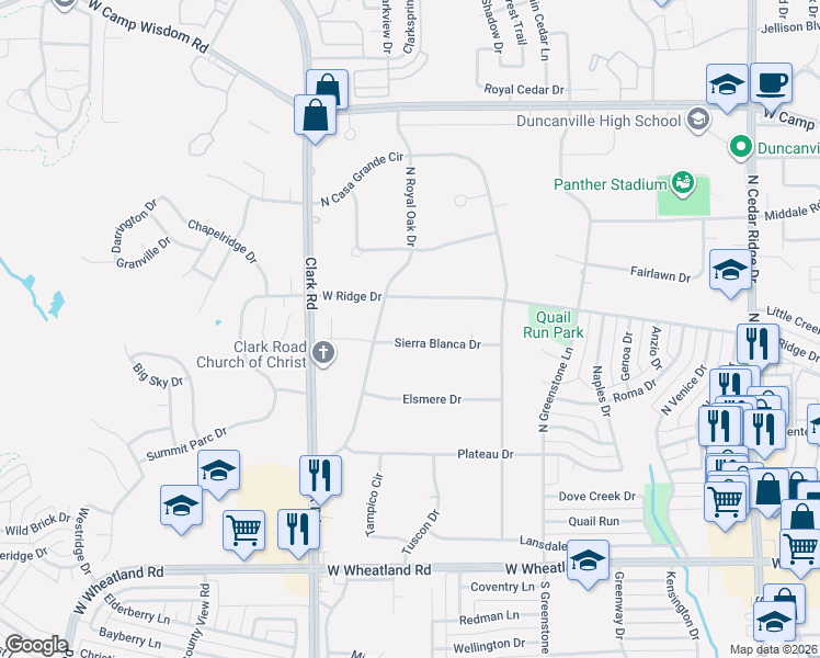 map of restaurants, bars, coffee shops, grocery stores, and more near 1321 Sierra Blanca Drive in Duncanville