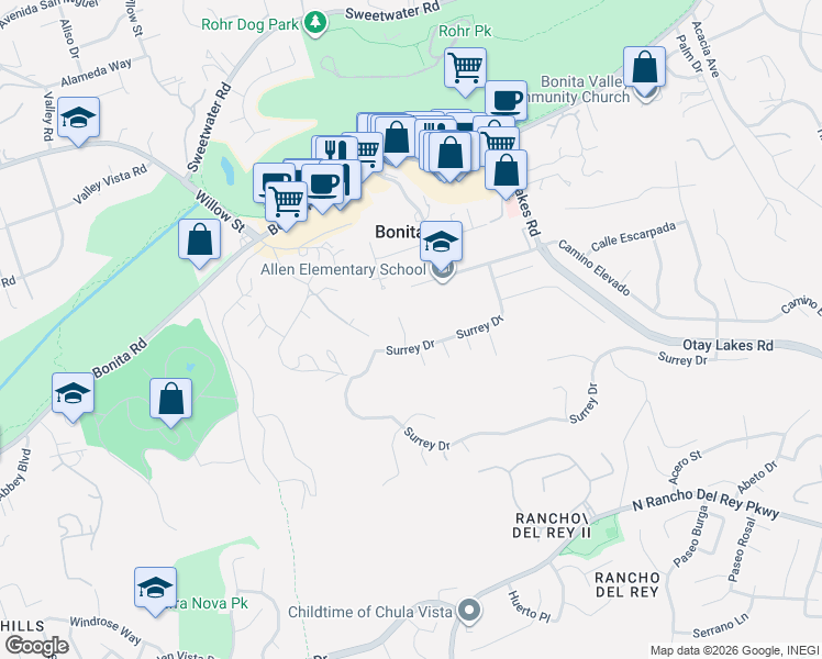 map of restaurants, bars, coffee shops, grocery stores, and more near 291 Surrey Place in Bonita