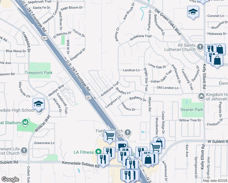 map of restaurants, bars, coffee shops, grocery stores, and more near 5703 Roundup Trail in Arlington