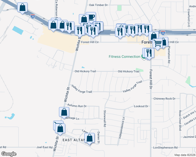 map of restaurants, bars, coffee shops, grocery stores, and more near 6917 Windy Hill Road in Forest Hill