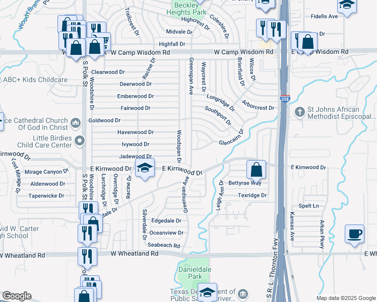 map of restaurants, bars, coffee shops, grocery stores, and more near 7703 Greenspan Avenue in Dallas