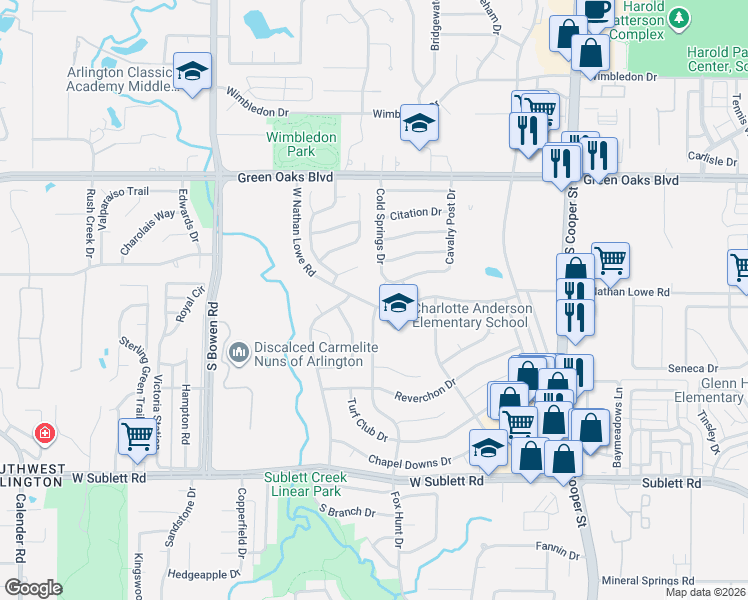 map of restaurants, bars, coffee shops, grocery stores, and more near 2201 West Nathan Lowe Road in Arlington